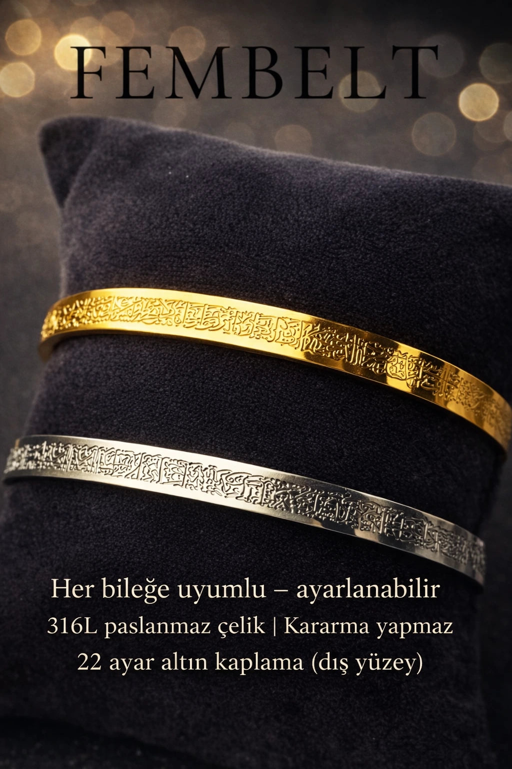 Ayetel Kürsi işlemeli 316L çelik bileklik yakın çekim