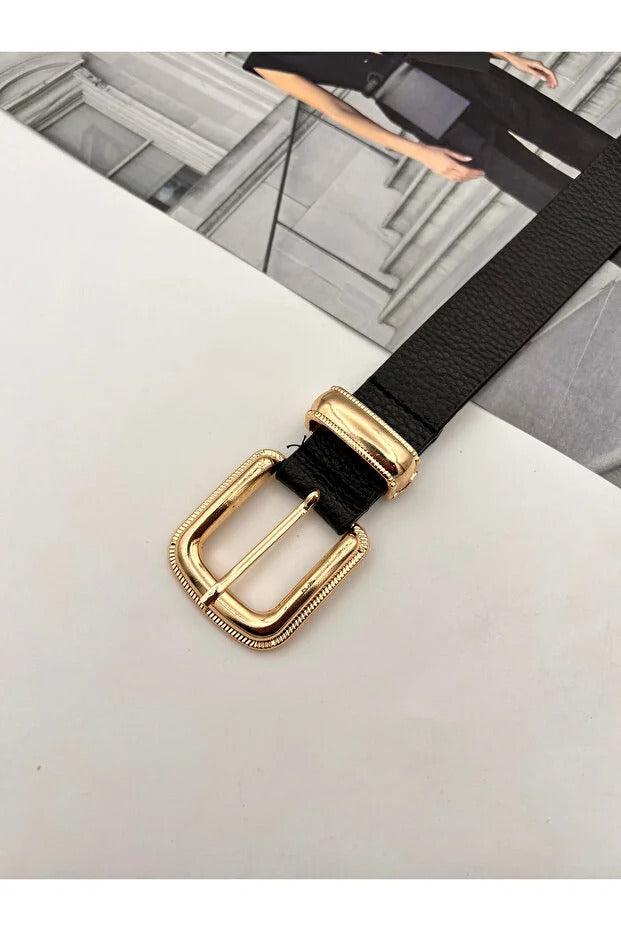 Gold Tokalı Siyah Kadın Kemer – Zamansız Şıklık