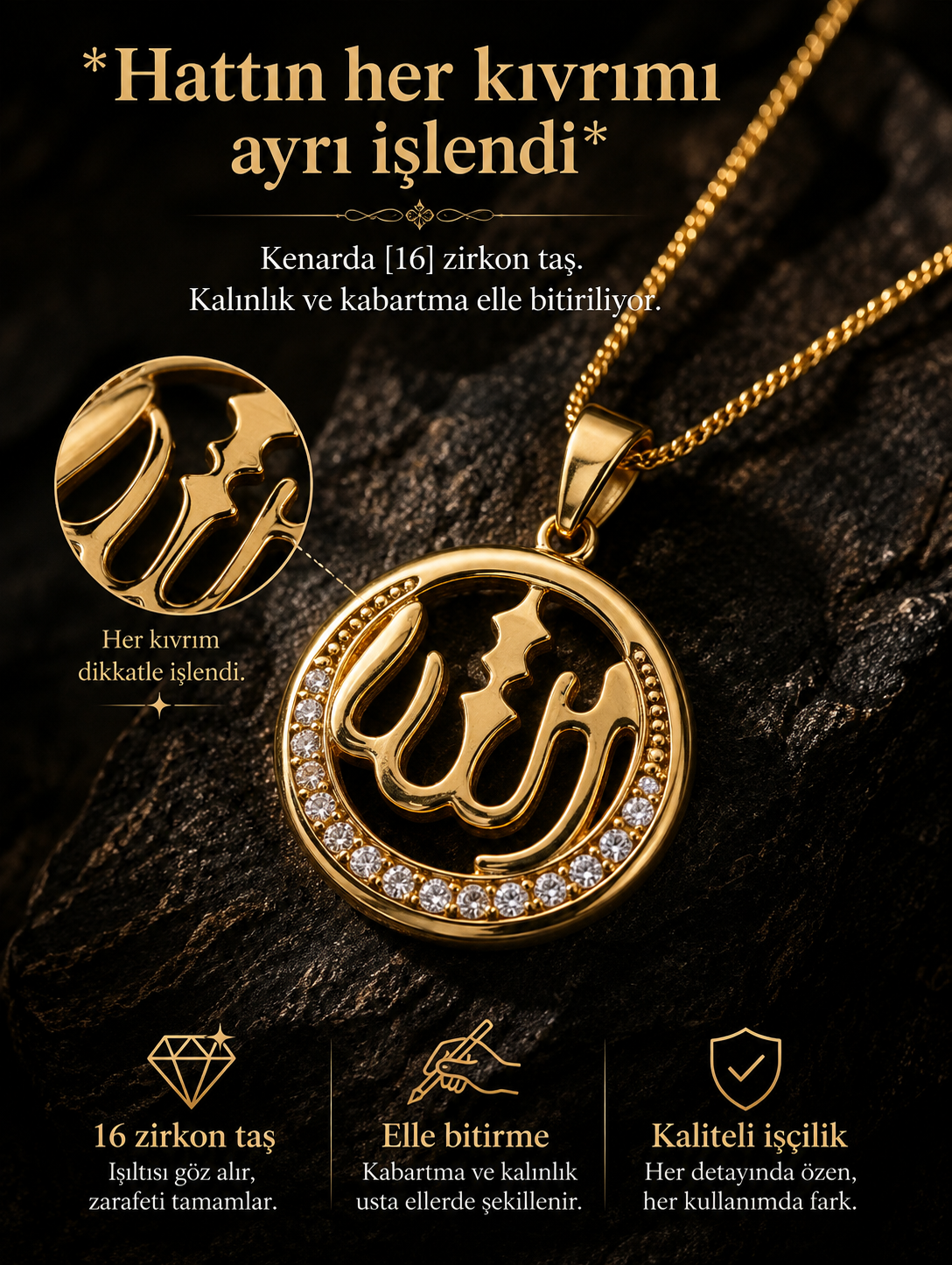 FEMBELT SIGNATURE | Bombeli Allah Lafzı Zirkon Kolye