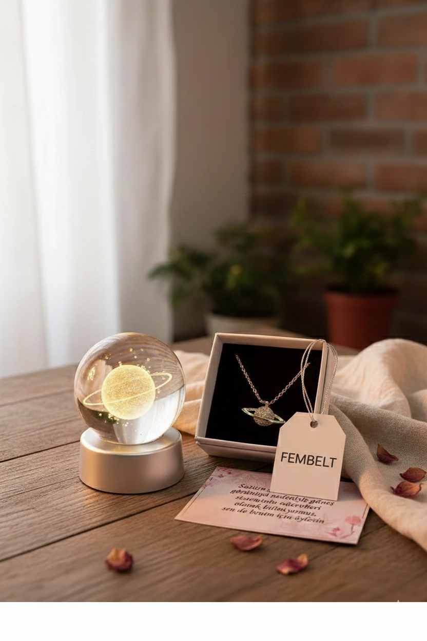 Renk Değiştiren Satürn Kar Küresi ve Kolye Seti