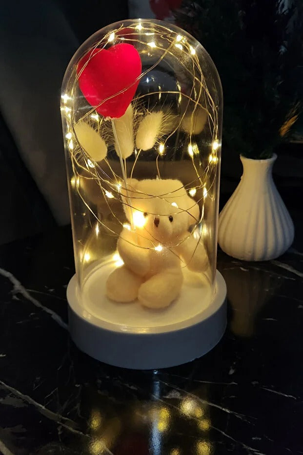 Cam Fanusta Işıklı Kırmızı Gül