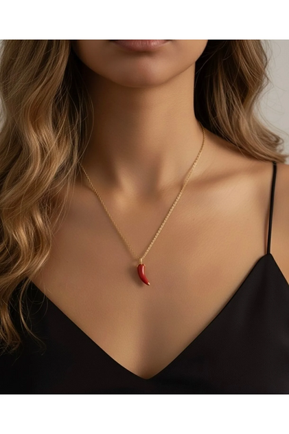 Kırmızı Biber Figürlü Kadın Kolye Çelik Minimal Tasarım - Fembelt