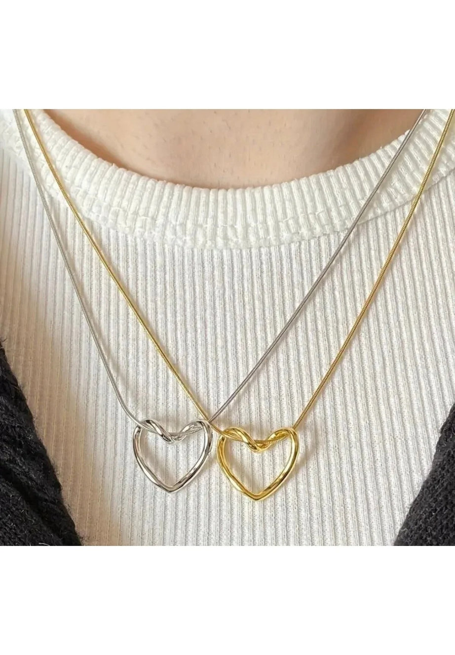 Gold & Gümüş Kalp Detaylı İkili Kolye