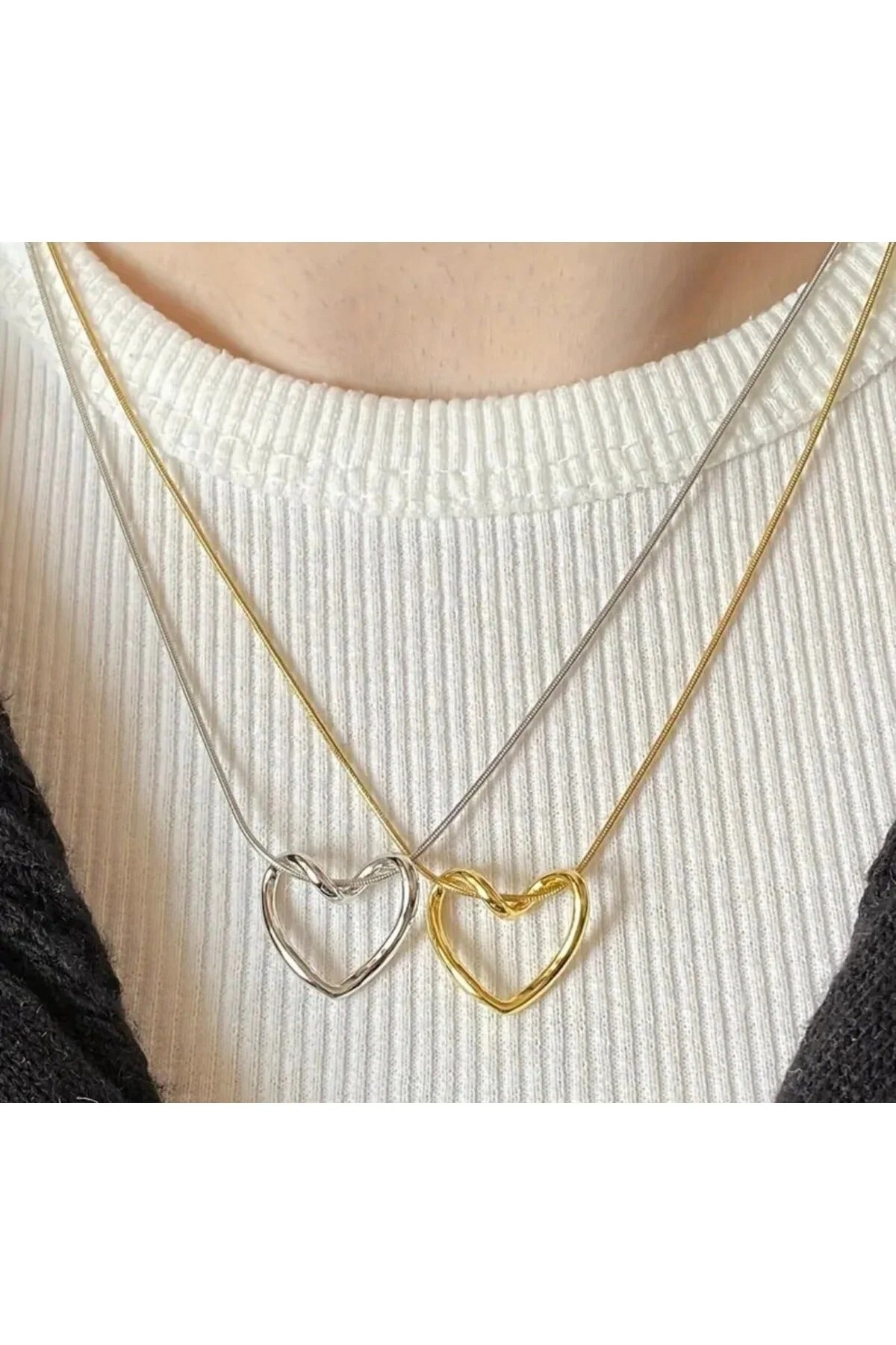 Gold & Gümüş Kalp Detaylı İkili Kolye - Fembelt