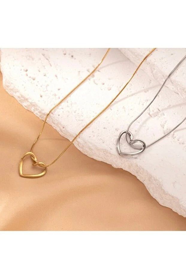 Gold & Gümüş Kalp Detaylı İkili Kolye - Fembelt