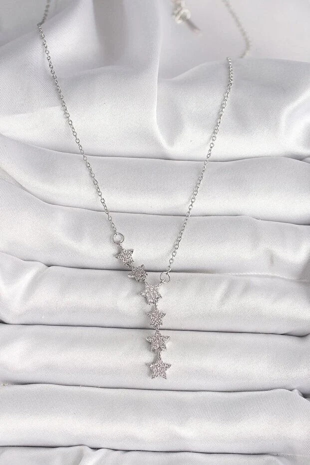 Zirkon Taşlı Yıldız Detaylı Gümüş Renk Kadın Kolye - Fembelt