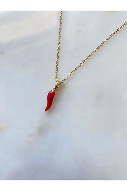 Kırmızı Biber Figürlü Kadın Kolye Çelik Minimal Tasarım